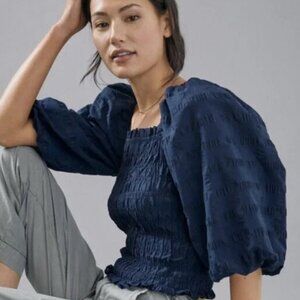 Anthropologie Maeve Bree Milkmaid Shirred Puff Sleeve Navy Blue Top Medium